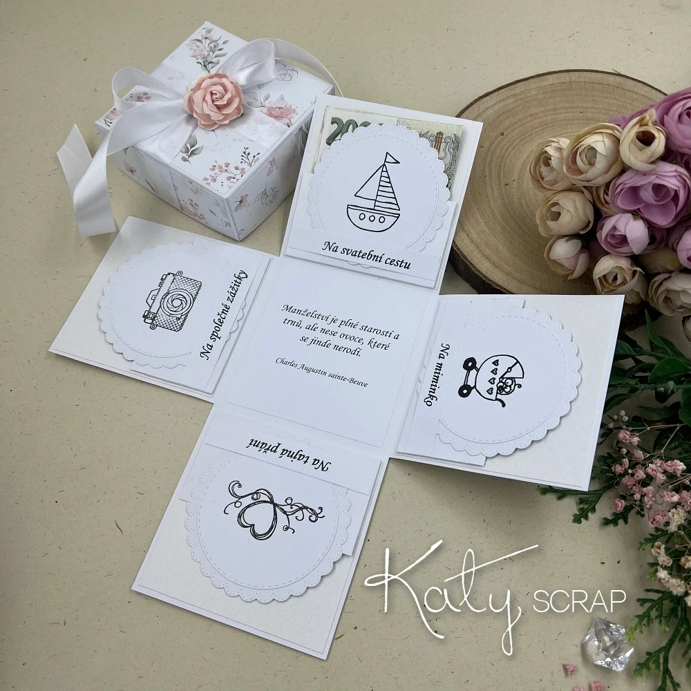 Dárková KRABIČKA na peníze ke svatbě květinová /bílá