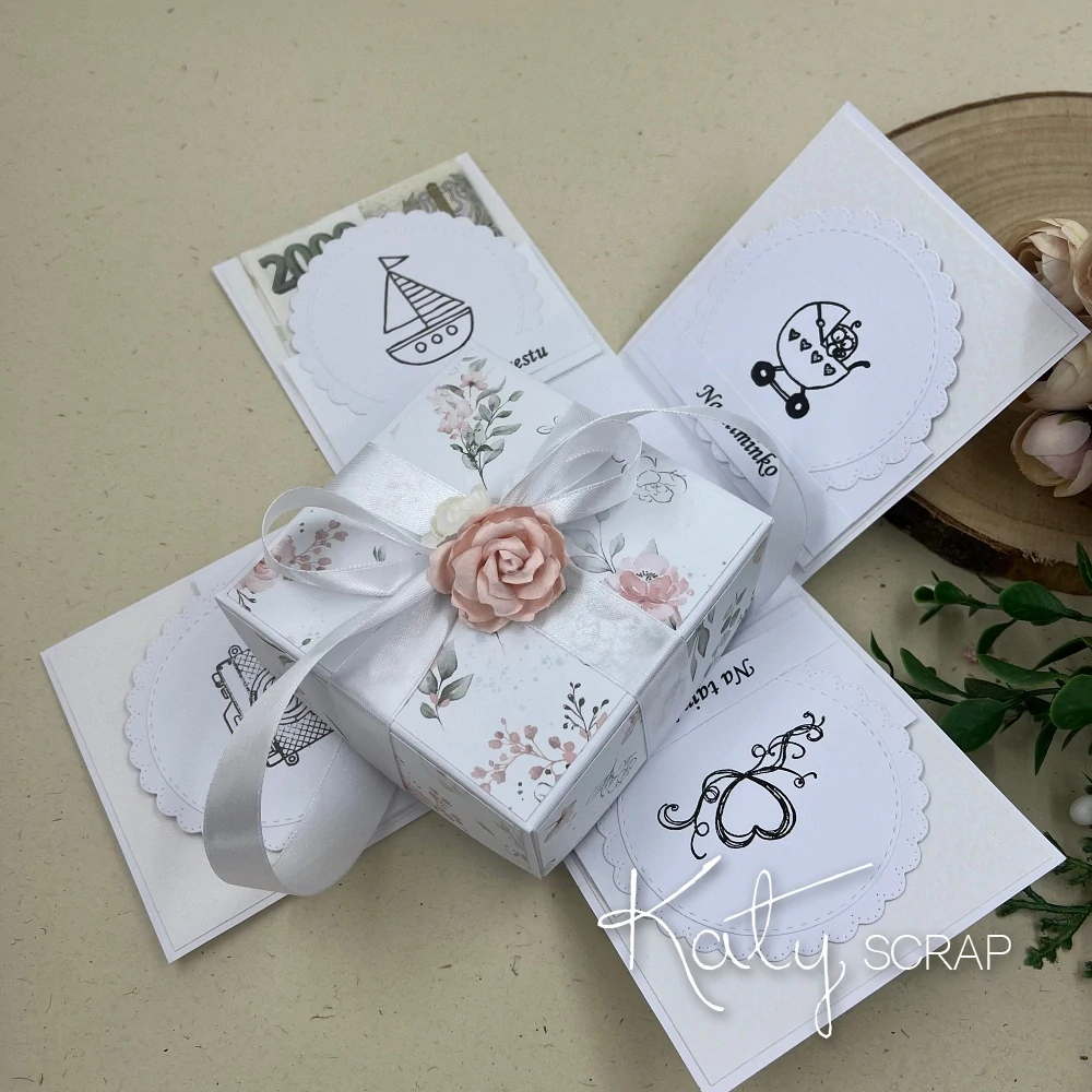 Dárková KRABIČKA na peníze ke svatbě květinová /bílá